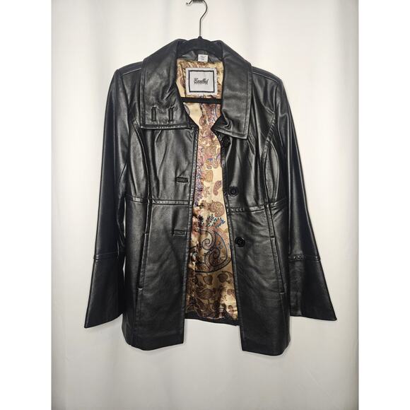 Vintage Excelled Womens Black Leather Jacket XS Midi 3 Button Collared - Picture 3 of 6